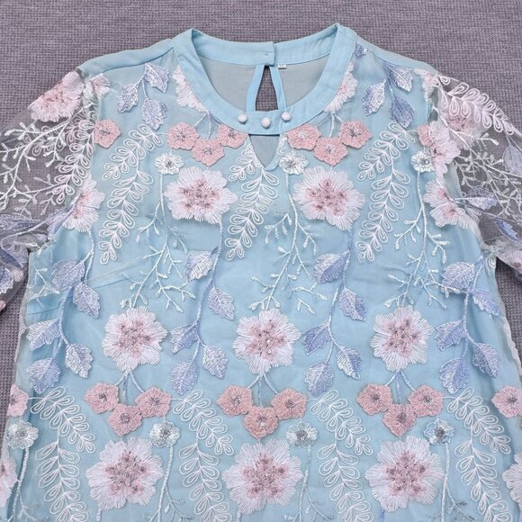 Floral Embroidered Sheer Overlay Tunic Blouse Keyhole Light Turquois Silver XXL - Picture 5 of 11